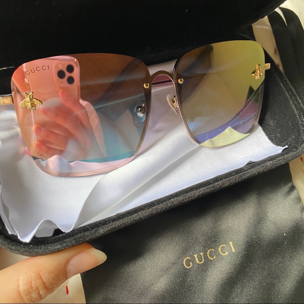 Gucci Gradient Pink to Green Oversized Sunglasses with Gold Bee Accents